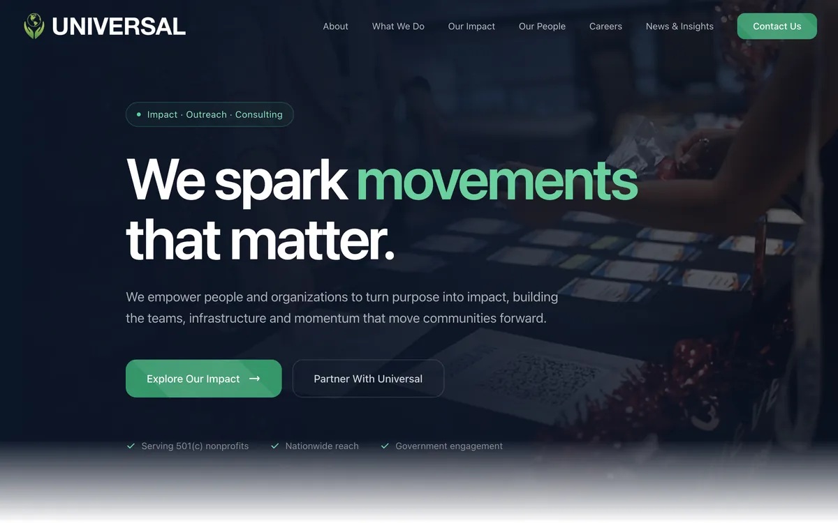 Homepage of universalevents-inc.com, an events and marketing company website designed by Delvixo with a dark hero and green accents.